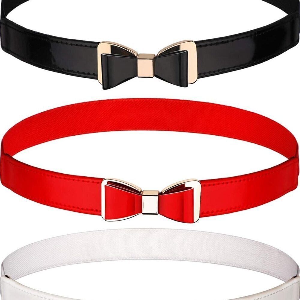 Women Skinny Faux Leather Waist Belt Set 3 Colors Stretchy Bow Dress Accessory